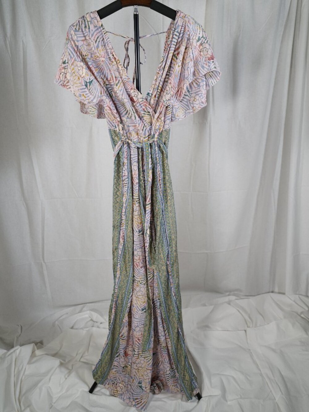 White Waves Boho Floral Metallic Maxi Jumpsuit L/XL
